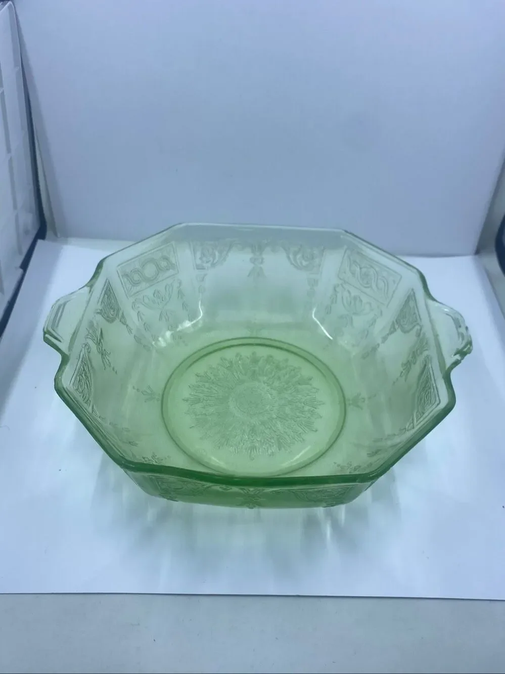 Uranium Anchor Hocking Princess Green Octagonal Depression Cereal Bowl 8” vtge